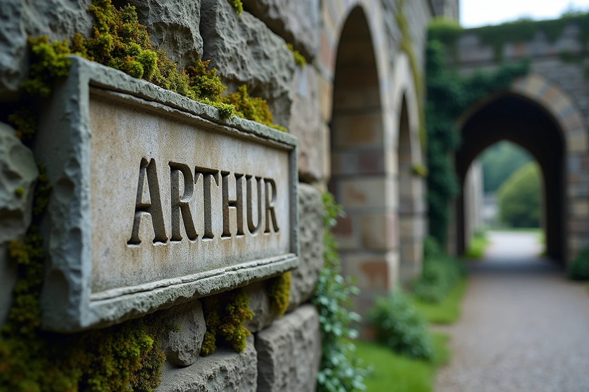 Plaque de pierre ancienne gravée du prénom Arthur sur un mur de château médiéval recouvert de lierre et de mousse