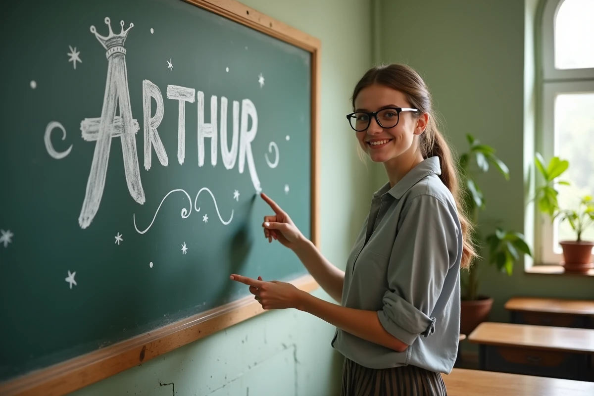 Enseignante souriante devant un tableau noir avec le prénom Arthur écrit en cursive entouré d'étoiles et d'une couronne dans une salle de classe vintage