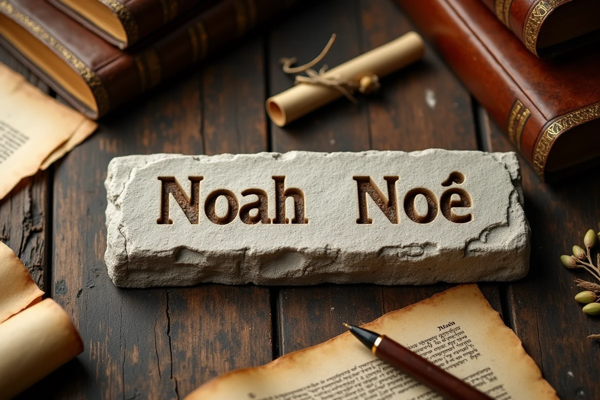 Plaque gravée avec les prénoms Noah et Noé posée sur un bureau en bois entourée de manuscrits anciens et d'une branche d'olivier séchée évoquant les origines bibliques et hébraïques du prénom