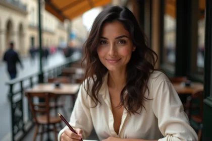 Jeune femme consultant un carnet de prénoms italiens et noms de famille français dans un café parisien