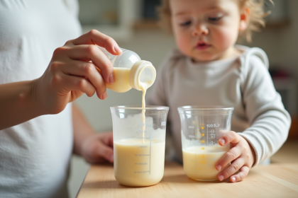 Mains d'une mère versant 100 ml de lait en poudre dans un biberon