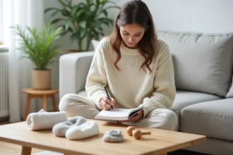 Jeune femme préparant une liste de naissance avec des articles bébé sur une table en bois dans un salon scandinave