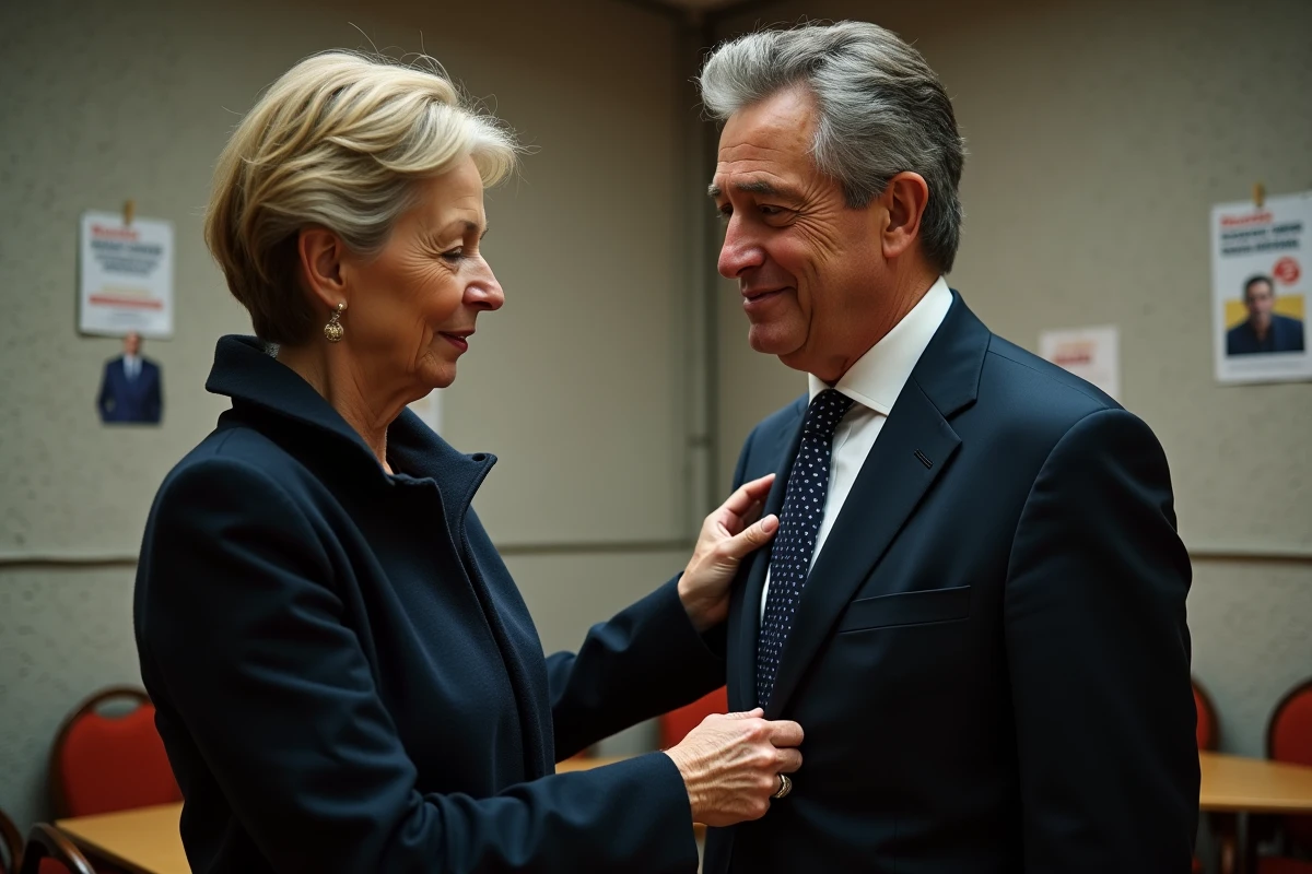 Une femme ajuste la veste de JeanLuc Mélenchon avant un événement