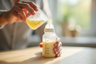 Main de maman versant du lait dans une bouteille bébé