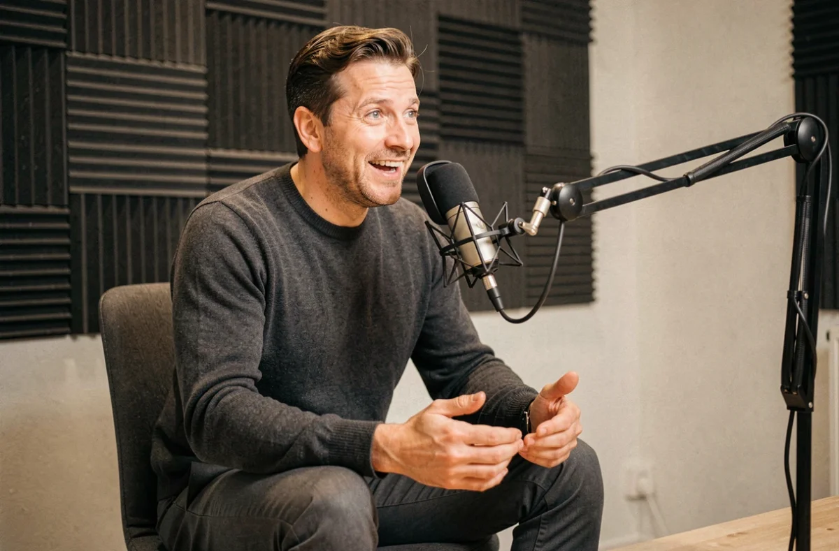 Présentateur français en studio radio ou podcast, portrait éditorial en pleine expression