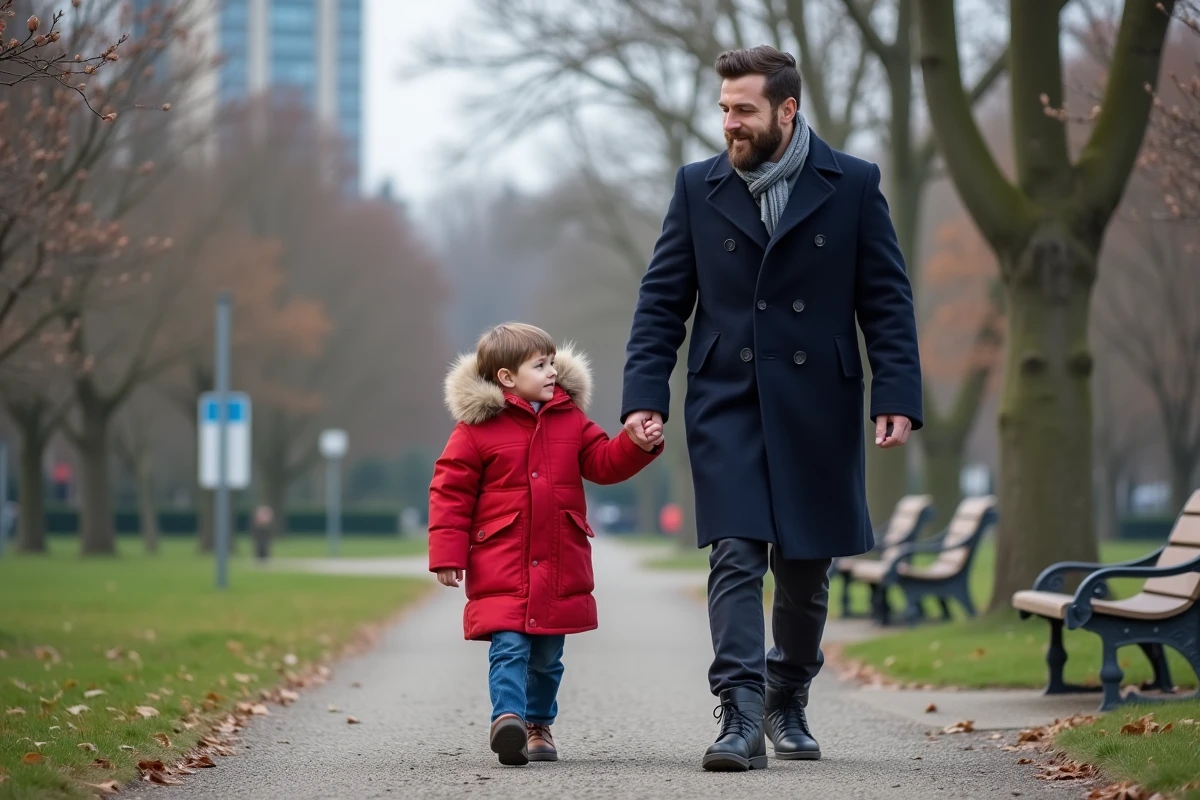 Homme et garçon marchant dans un parc urbain au printemps