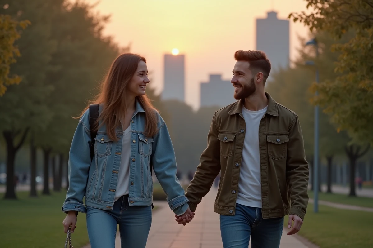 Couple main dans la main dans un parc urbain au crépuscule