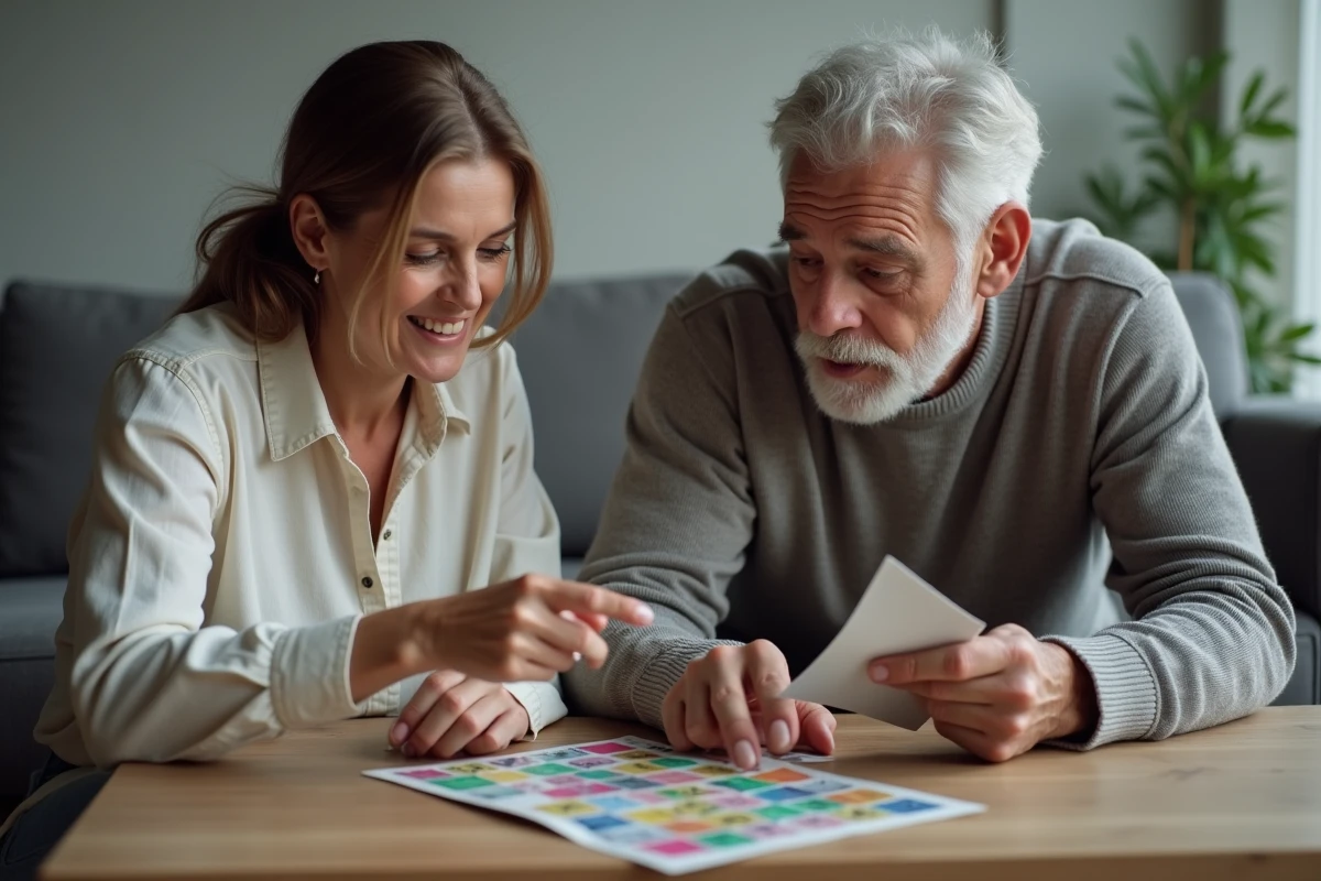Deux adultes consultant les règles de la Bonne Paye avec carte de jeu et livret de règles