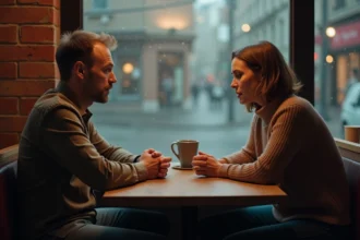 Homme et femme en tension émotionnelle dans un café intime, illustrant la complexité d'une relation amoureuse secrète
