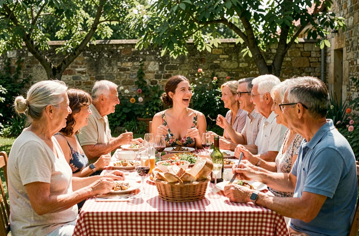 Repas de famille en plein air dans un jardin provençal avec une jeune femme brune en robe fleurie entourée de proches