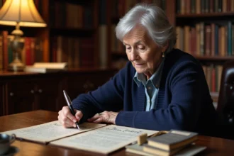 Femme âgée révisant un testament olographe manuscrit avec plusieurs légataires à son bureau