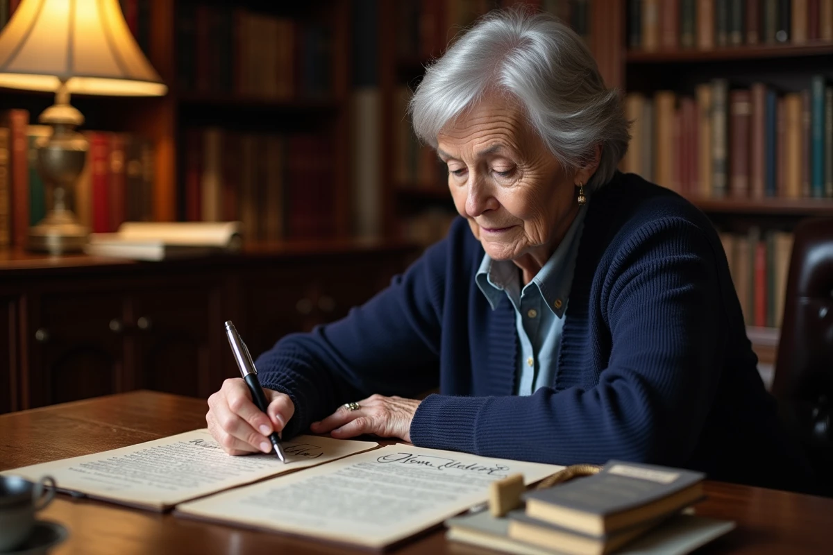 Femme âgée révisant un testament olographe manuscrit avec plusieurs légataires à son bureau
