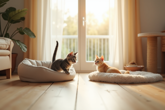Salon lumineux avec un chaton curieux et un lit doux