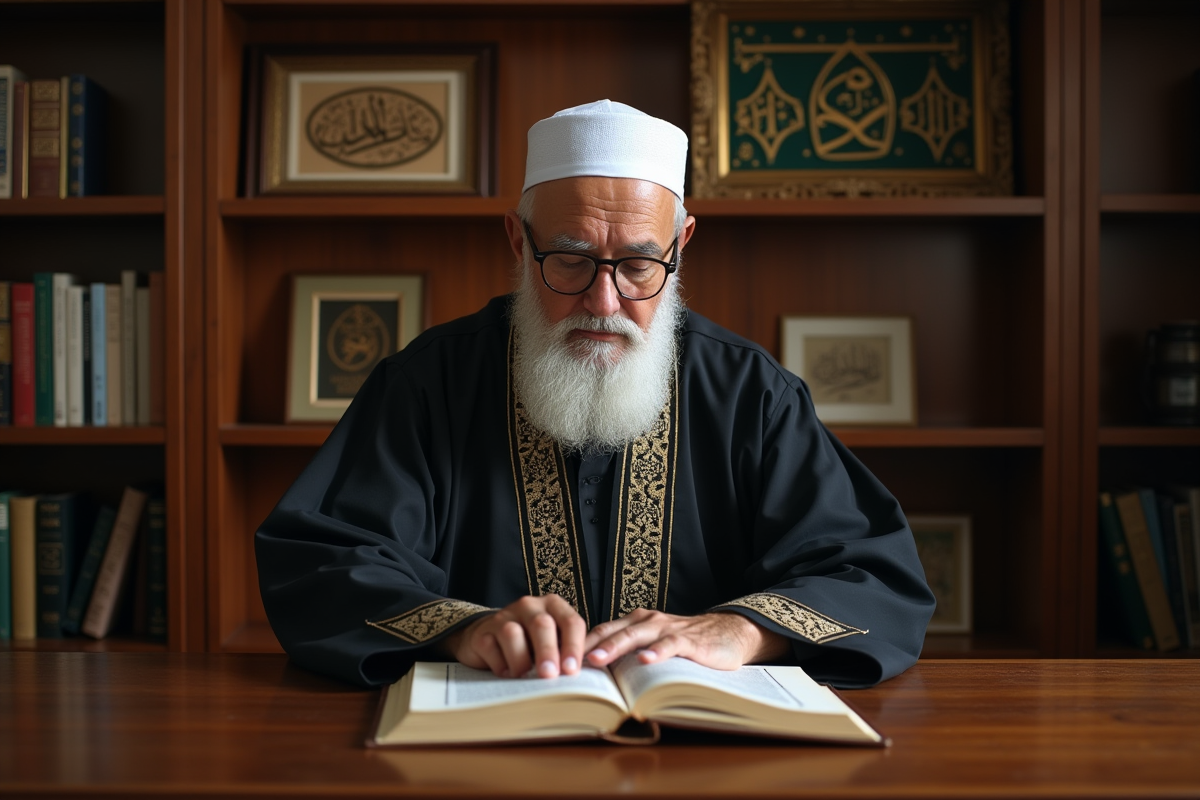 Sage islamique âgé lisant un texte religieux dans son bureau