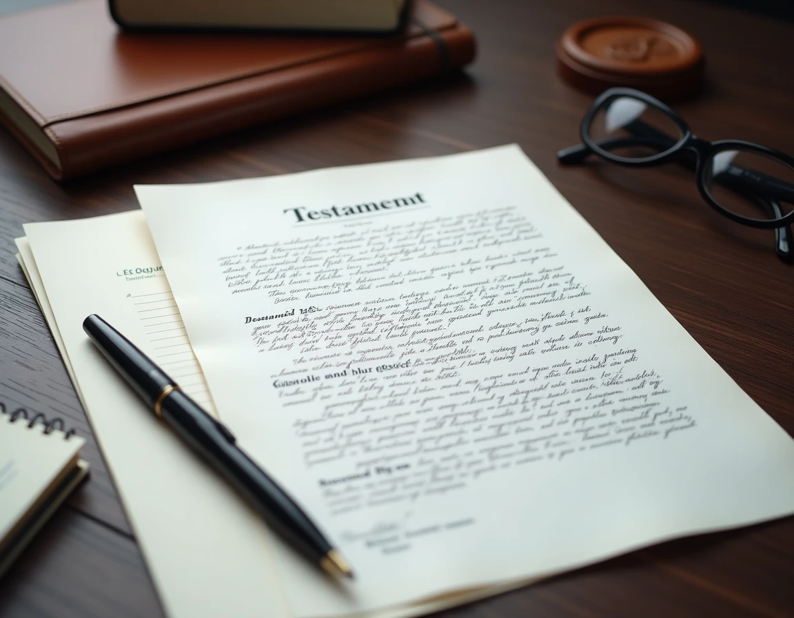 Gros plan d'un testament notarié posé sur un bureau en bois avec un cachet de cire, un stylo plume et une facture de frais notariaux