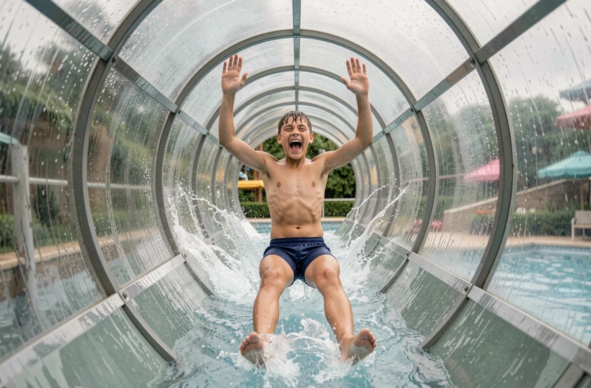 Adolescent sur un toboggan aquatique couvert à l'intérieur d'un parc aquatique pendant une journée pluvieuse
