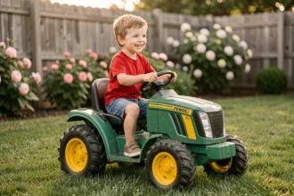 Jeune garçon souriant conduisant un tracteur électrique jouet vert et jaune dans un jardin verdoyant