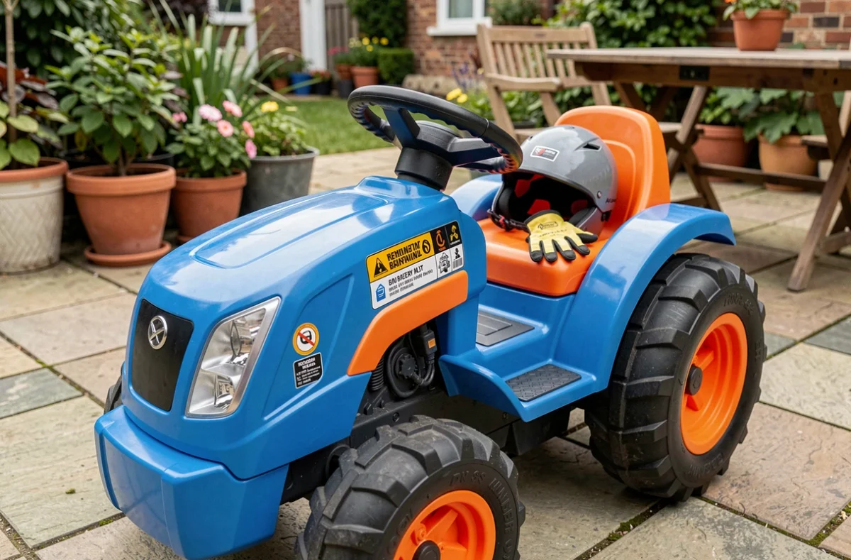 Tracteur électrique jouet bleu et orange garé sur une terrasse avec casque et gants d'enfant posés dessus