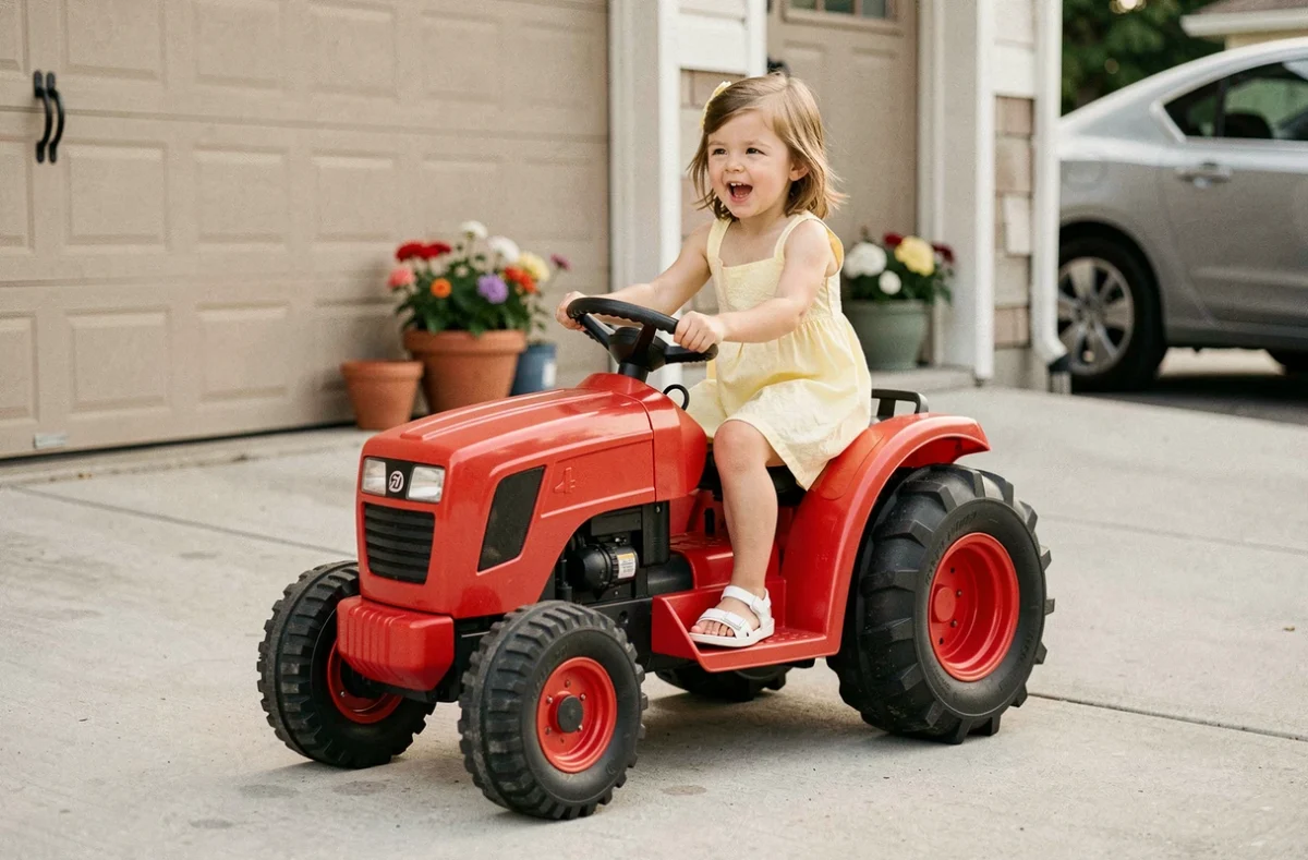 Petite fille en robe jaune pilotant un tracteur électrique jouet rouge sur une allée de maison