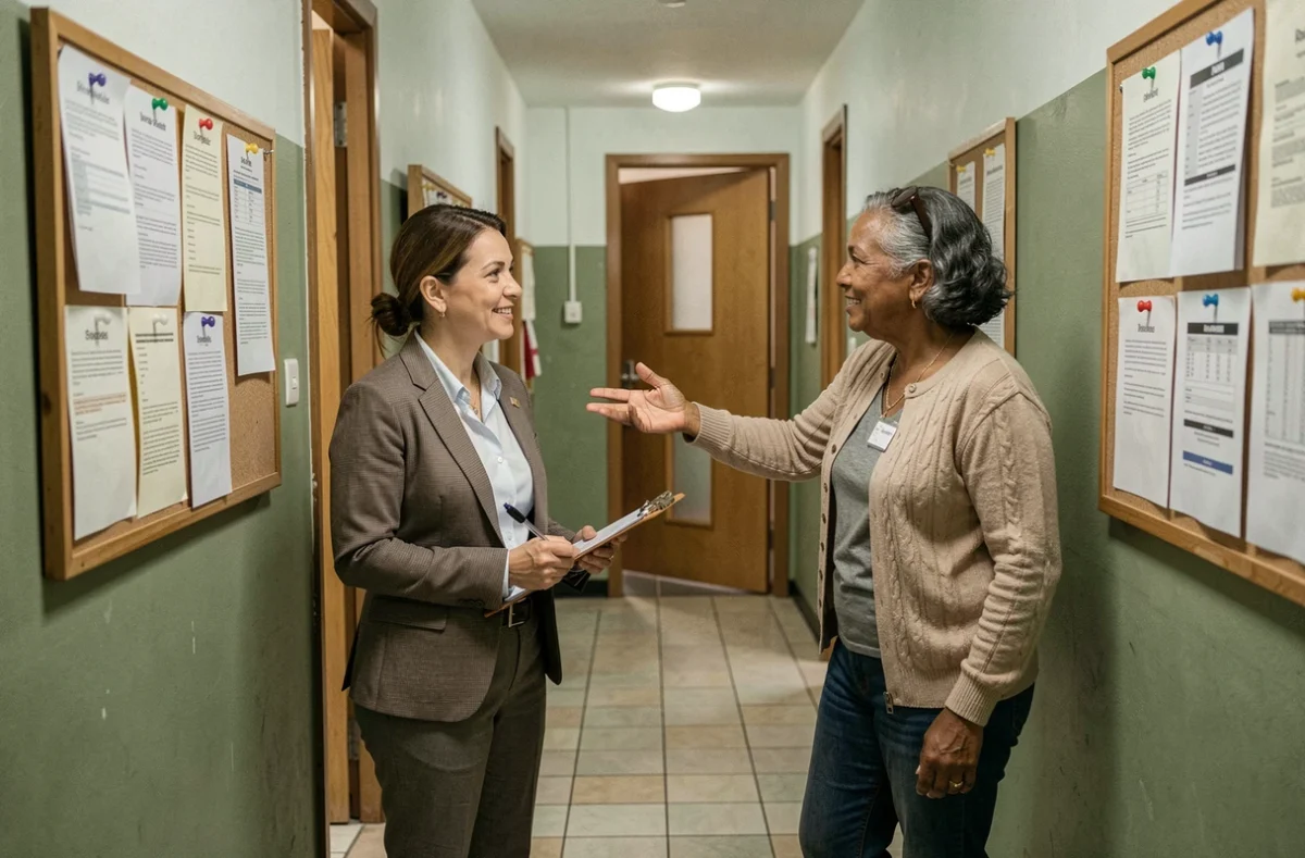 Travailleuse sociale accompagnant une habitante dans une résidence sociale HLM