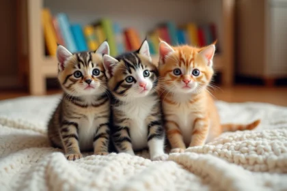 Trois petits chatons aux robes différentes assis sur un plaid tricoté crème dans un salon chaleureux, illustrant la comptine 3 petits chats
