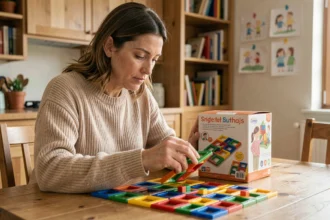 Mère vérifiant les consignes de sécurité et l'étiquette d'un jeu magnétique avant achat
