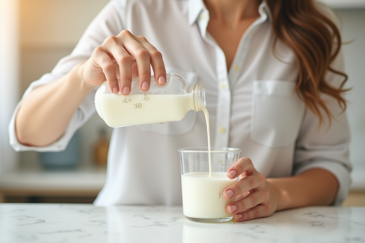 Maman verse du lait dans un biberon sur un plan lumineux
