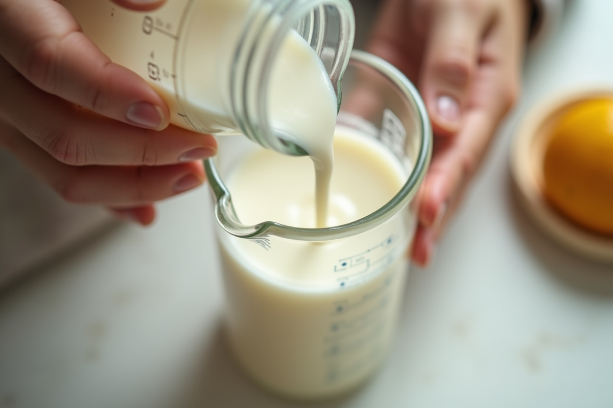 Mains versant du lait dans un biberon avec repères visibles