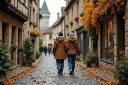 Couple se promenant dans une rue pavée d'un village médiéval d'Île-de-France en automne