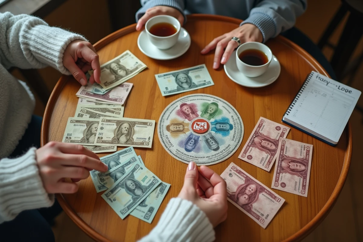 Vue de dessus des billets et cartes du jeu Bonne Paye sur une table avec mains d'adultes distribuant l'argent