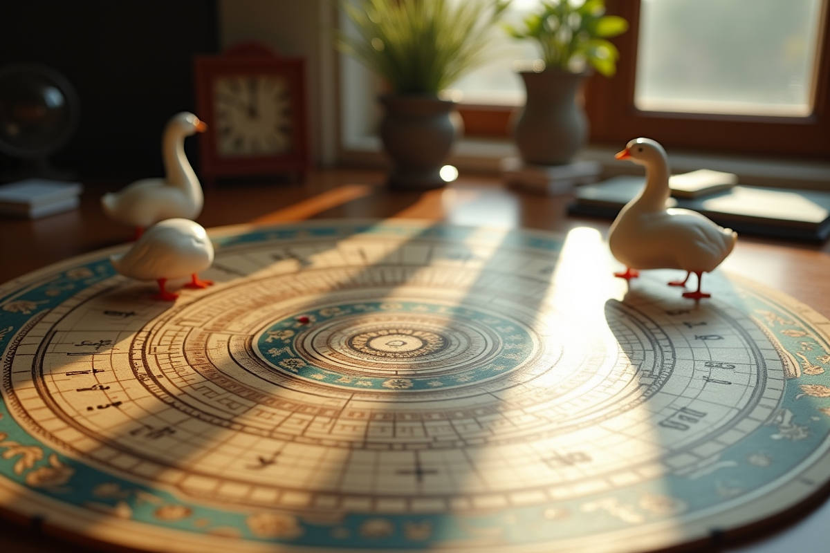 Zoom sur le plateau vintage de Goose Game avec spirale