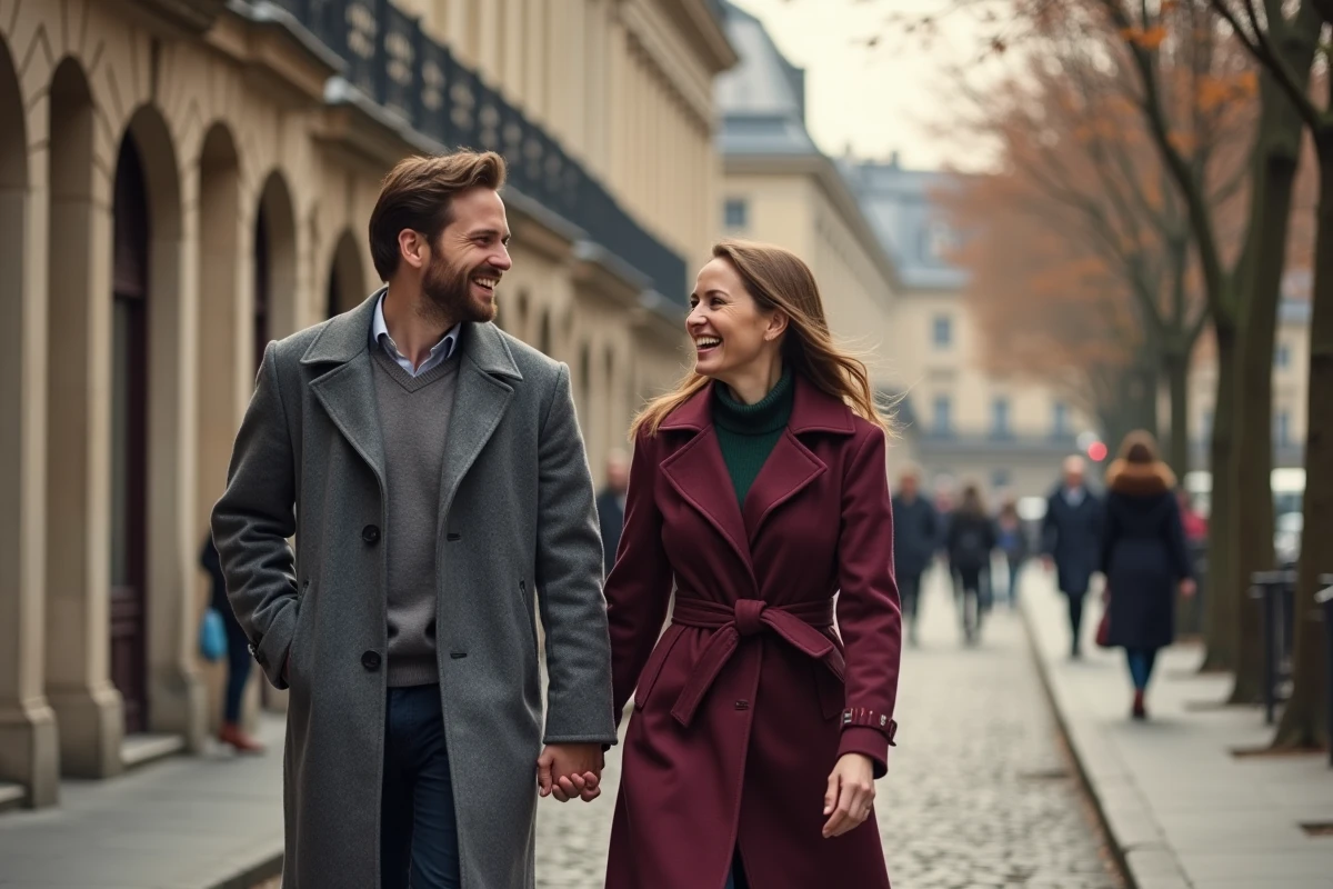 Couple complice marchant main dans la main dans une rue pavée, évoquant l'amour et la vie de couple de Yoann Usai
