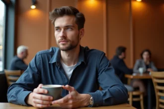 Homme pensif attablé dans un café parisien, illustrant l'intimité et la vie sentimentale de Yoann Usai