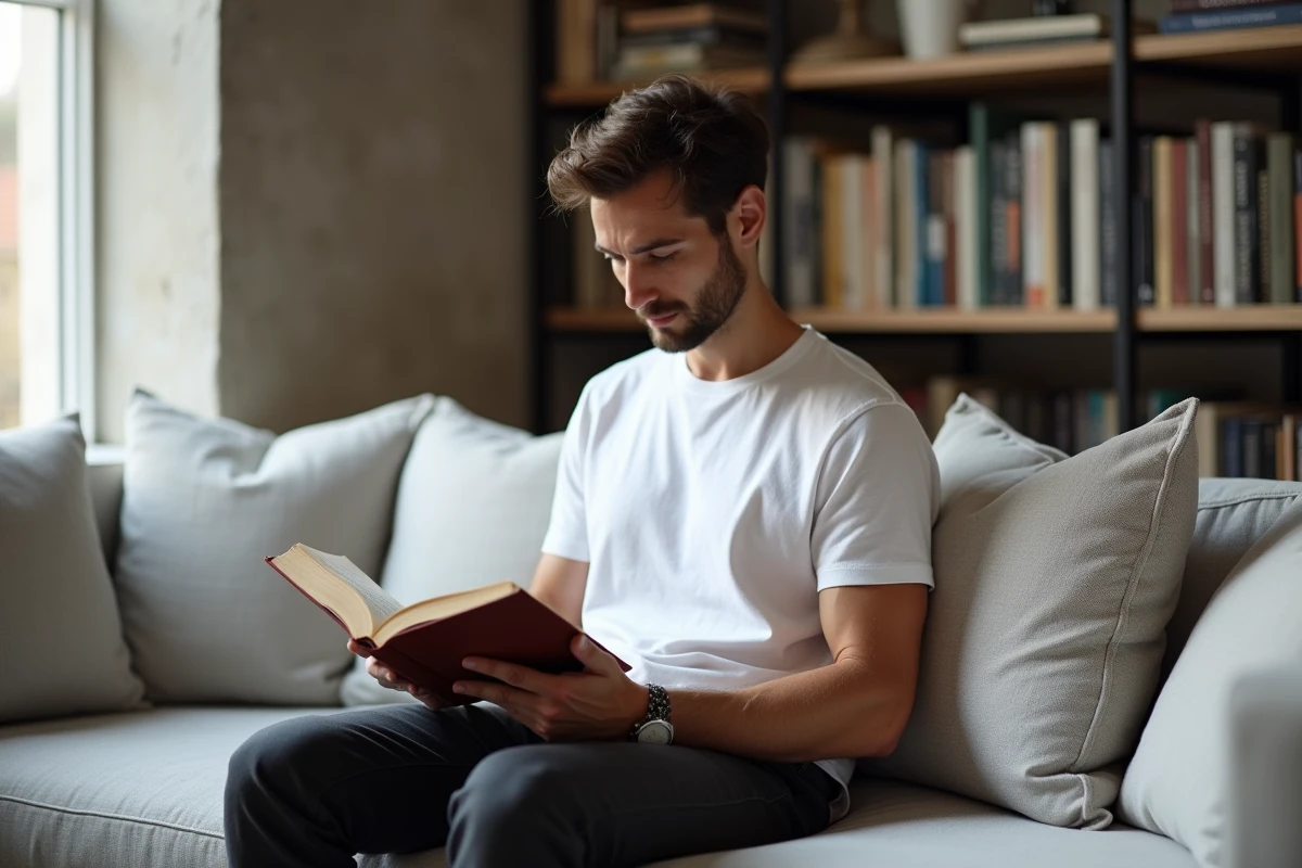 Homme décontracté lisant dans un appartement parisien moderne, illustrant l'intimité et la vie privée de Yoann Usai
